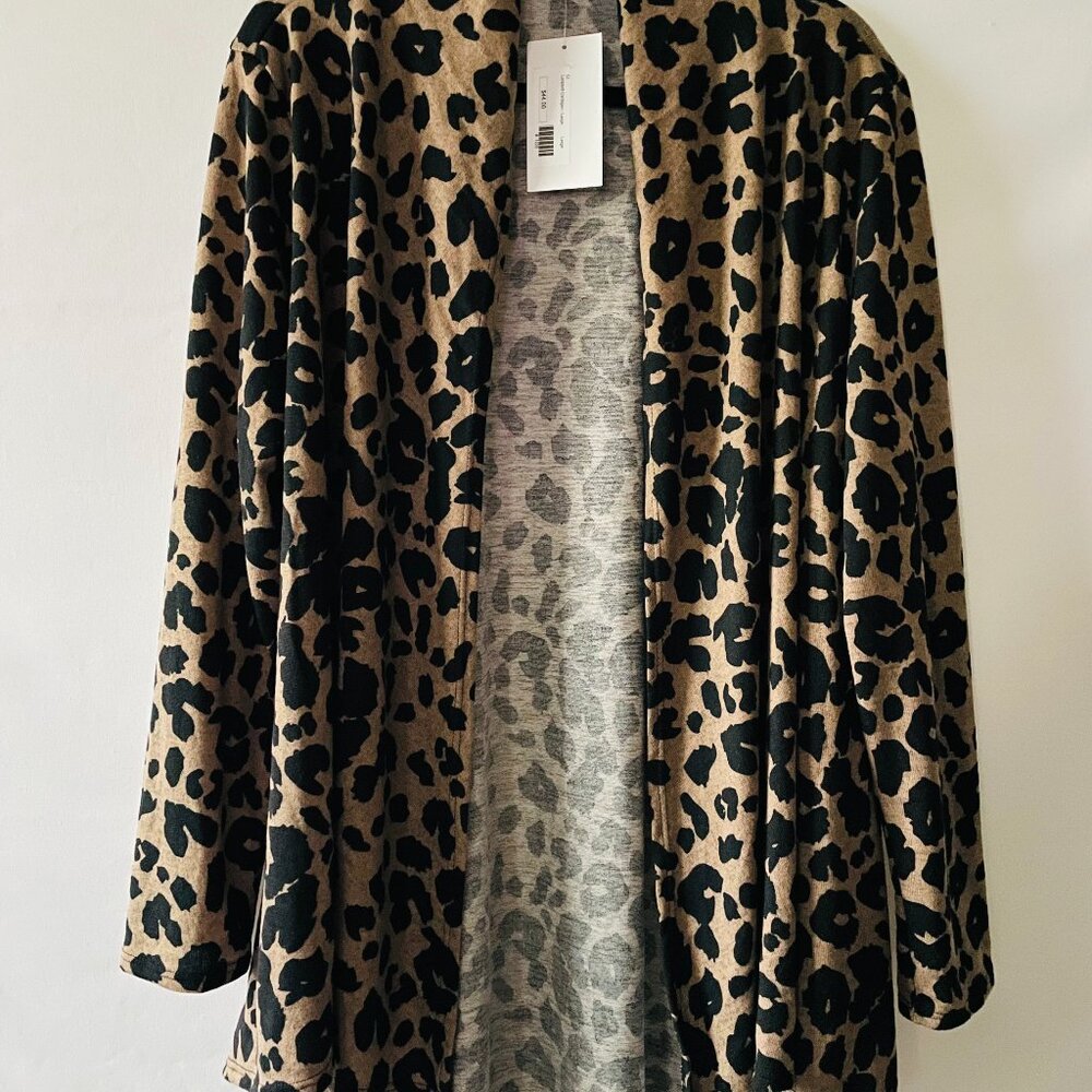 NWT Bombom Womens Brown Leopard Print Open Front USA Cardigan Sweater Size L